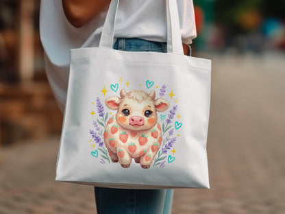White tote bag with a kawaii strawberry cow illustration and lavender sprigs.