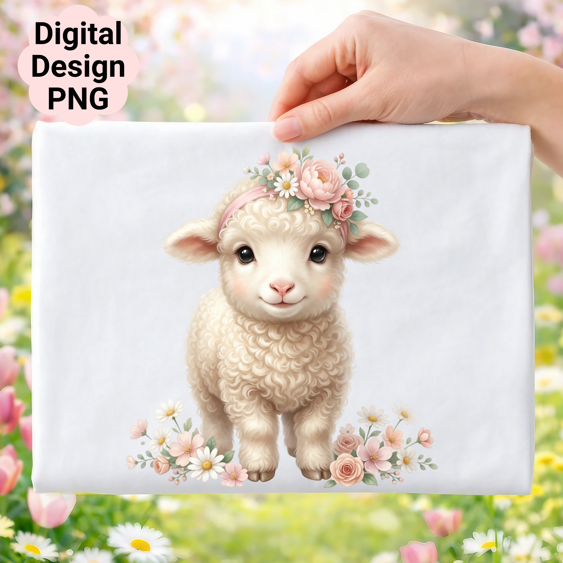 Fluffy lamb wearing a floral headband with flowers.