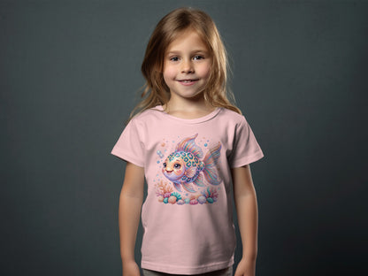 Pink t-shirt with a smiling cartoon goldfish and seashells print.