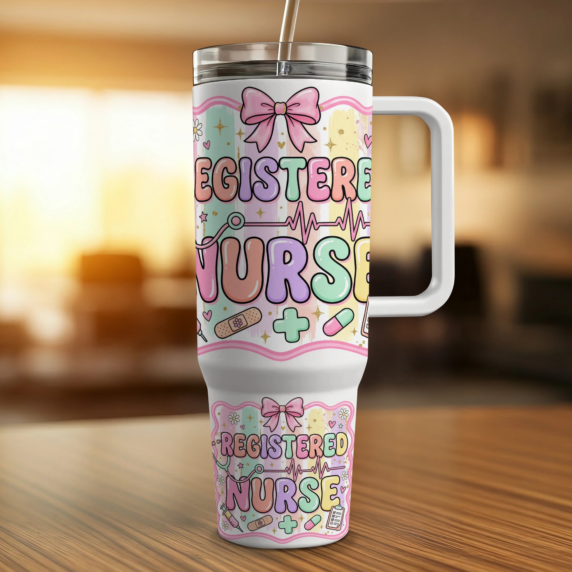 Registered Nurse tumbler with colorful medical icons and heart monitor graphic.