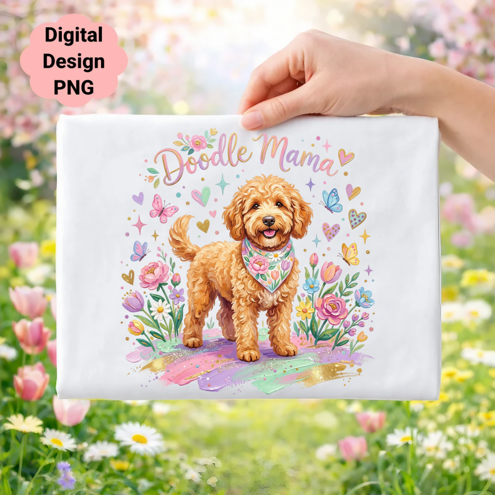 Golden doodle with floral accents and "Doodle Mama" text.