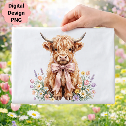 Highland cow wearing a pink bow, surrounded by wildflowers.