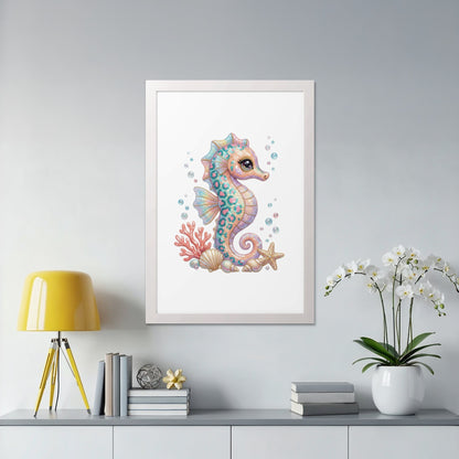 Watercolor illustration of a colorful seahorse with bubbles and coral.
