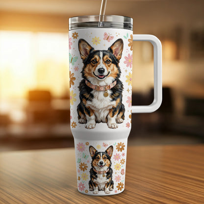 White tumbler with corgi dog and floral pattern.