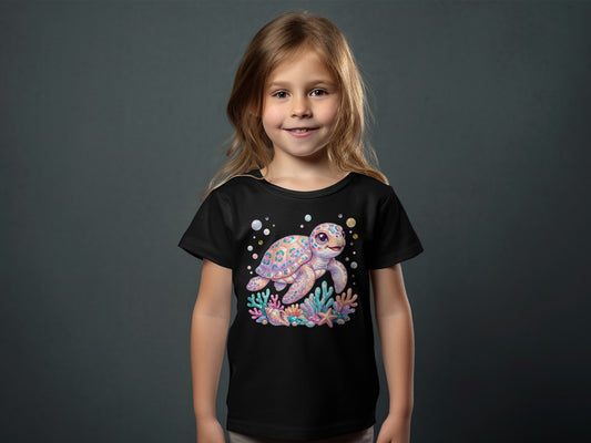 Black t-shirt with a colorful cartoon sea turtle and coral illustration.