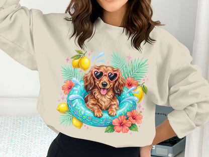 Dachshund wearing heart sunglasses in a pool float surrounded by tropical leaves and flowers.