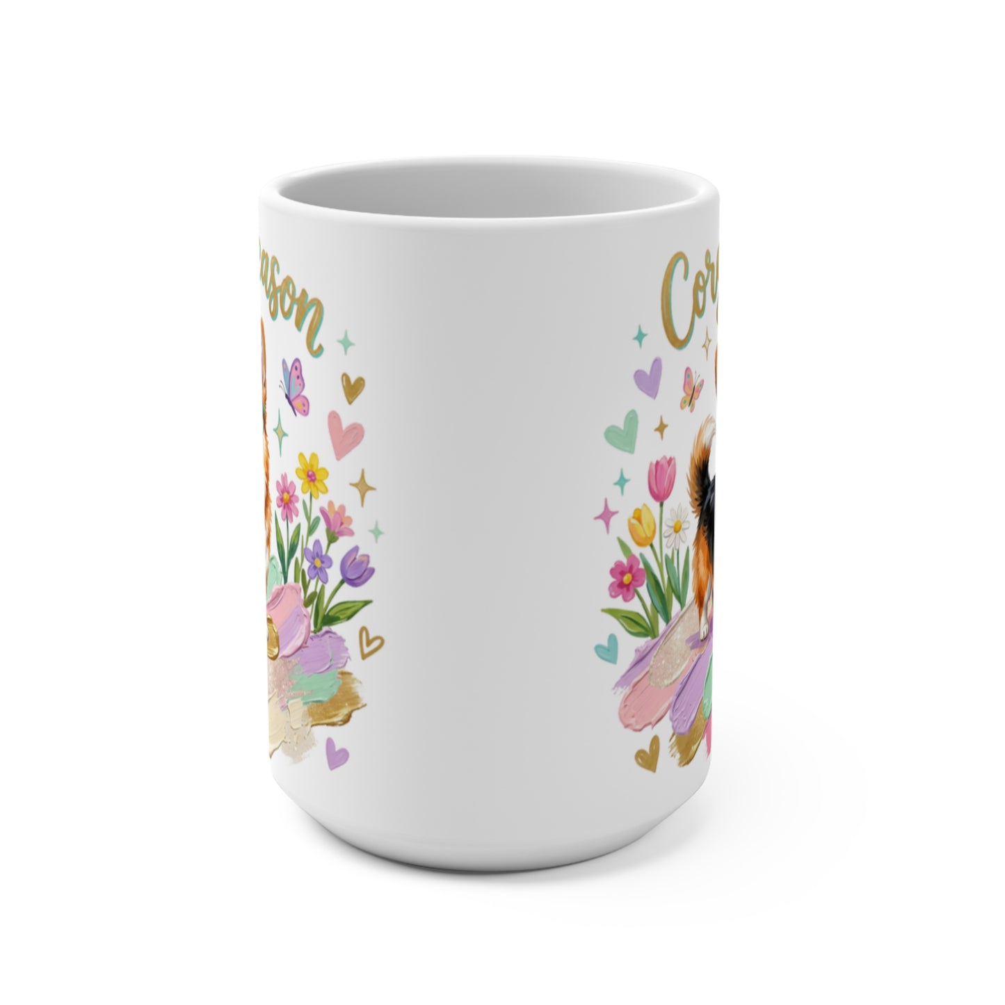 White mug with colorful floral and butterfly art, featuring a corgi.