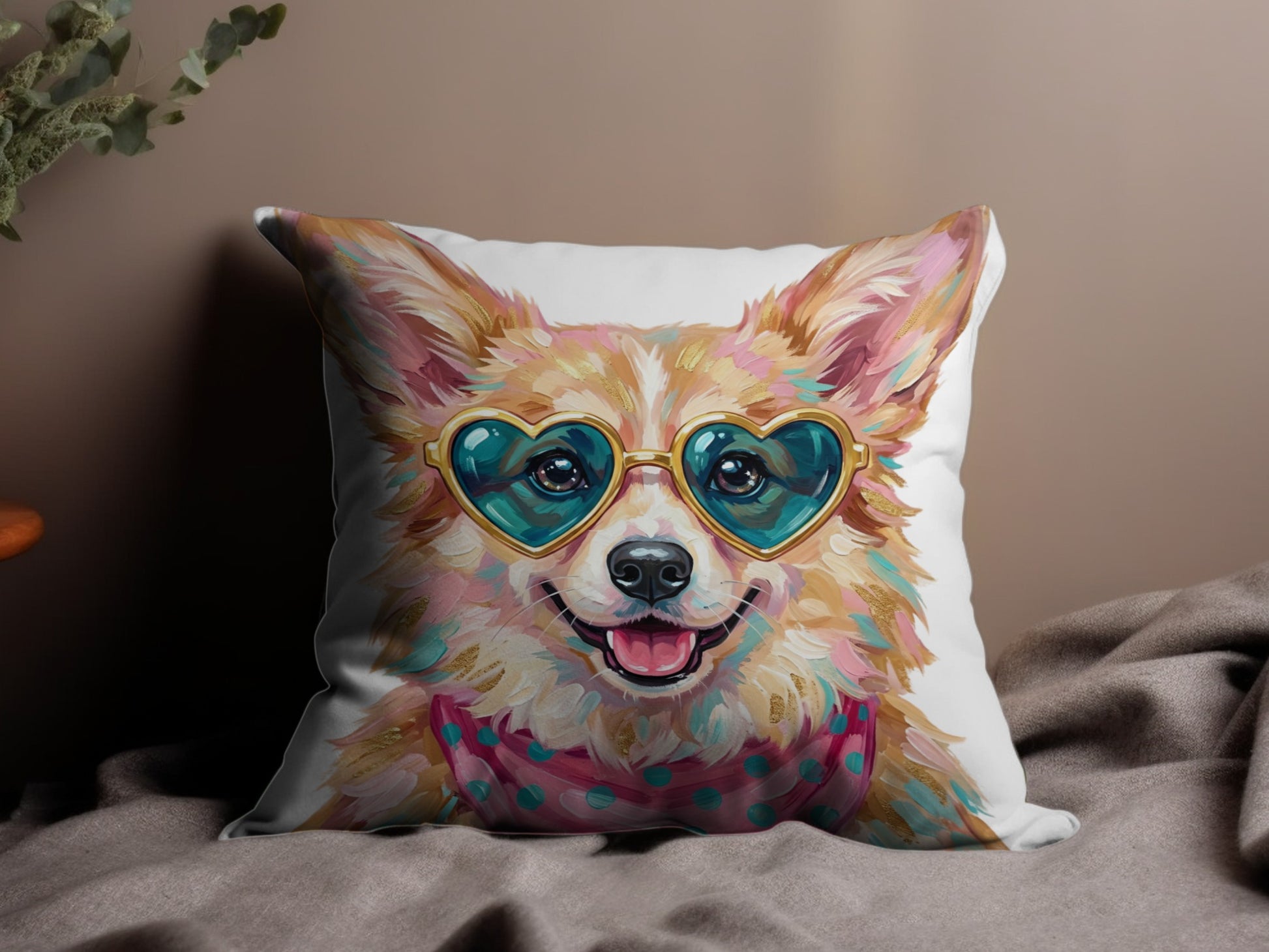 Corgi wearing heart-shaped sunglasses and a polka dot bandana.