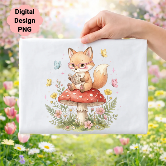 Fox in glasses reading on mushroom with butterflies and flowers.