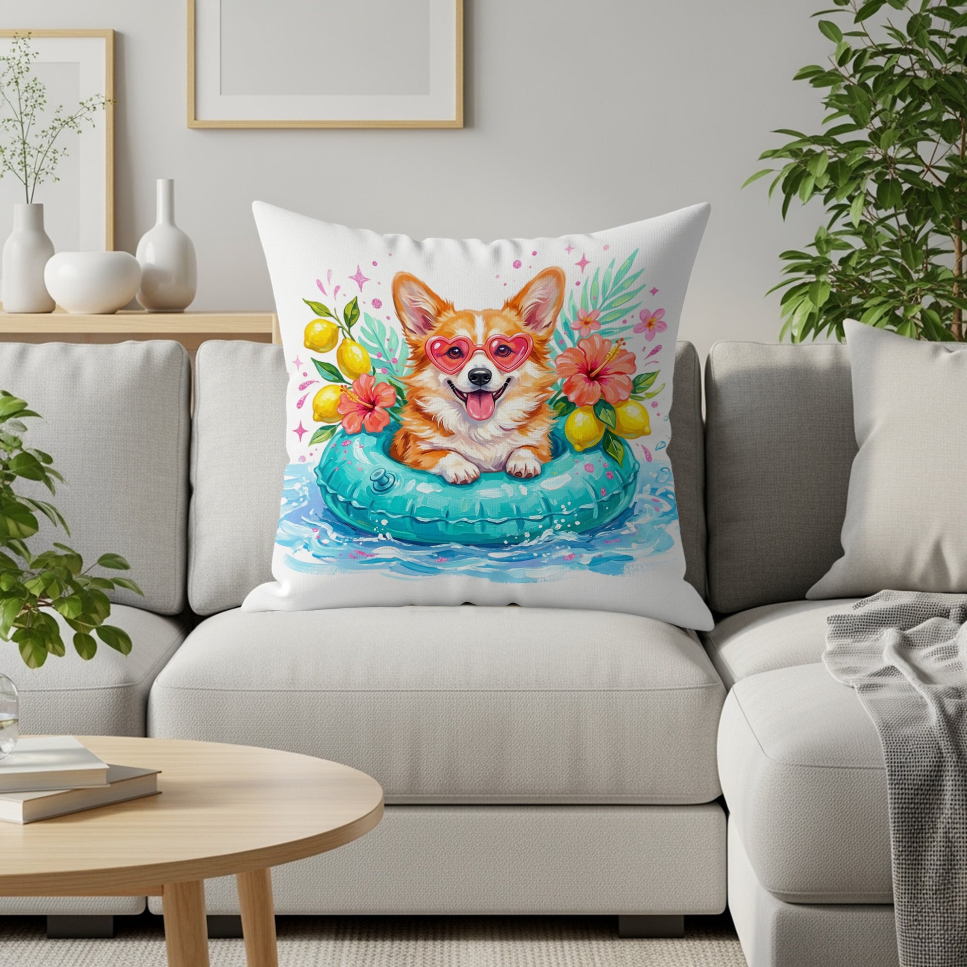Corgi wearing heart sunglasses in a pool float with lemons and flowers.
