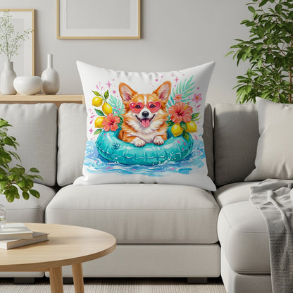 Corgi wearing heart sunglasses in a pool float with lemons and flowers.
