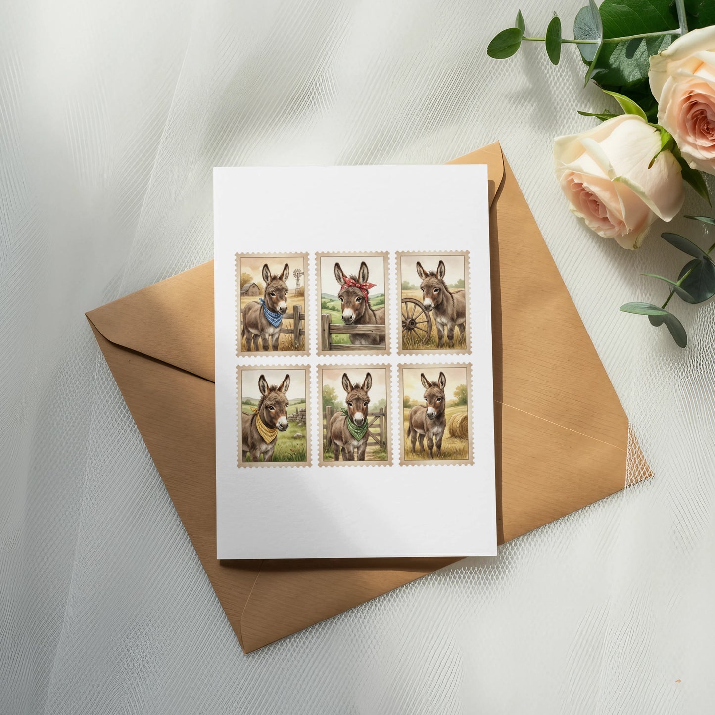 Six postage stamp style illustrations of donkeys in a farm setting.