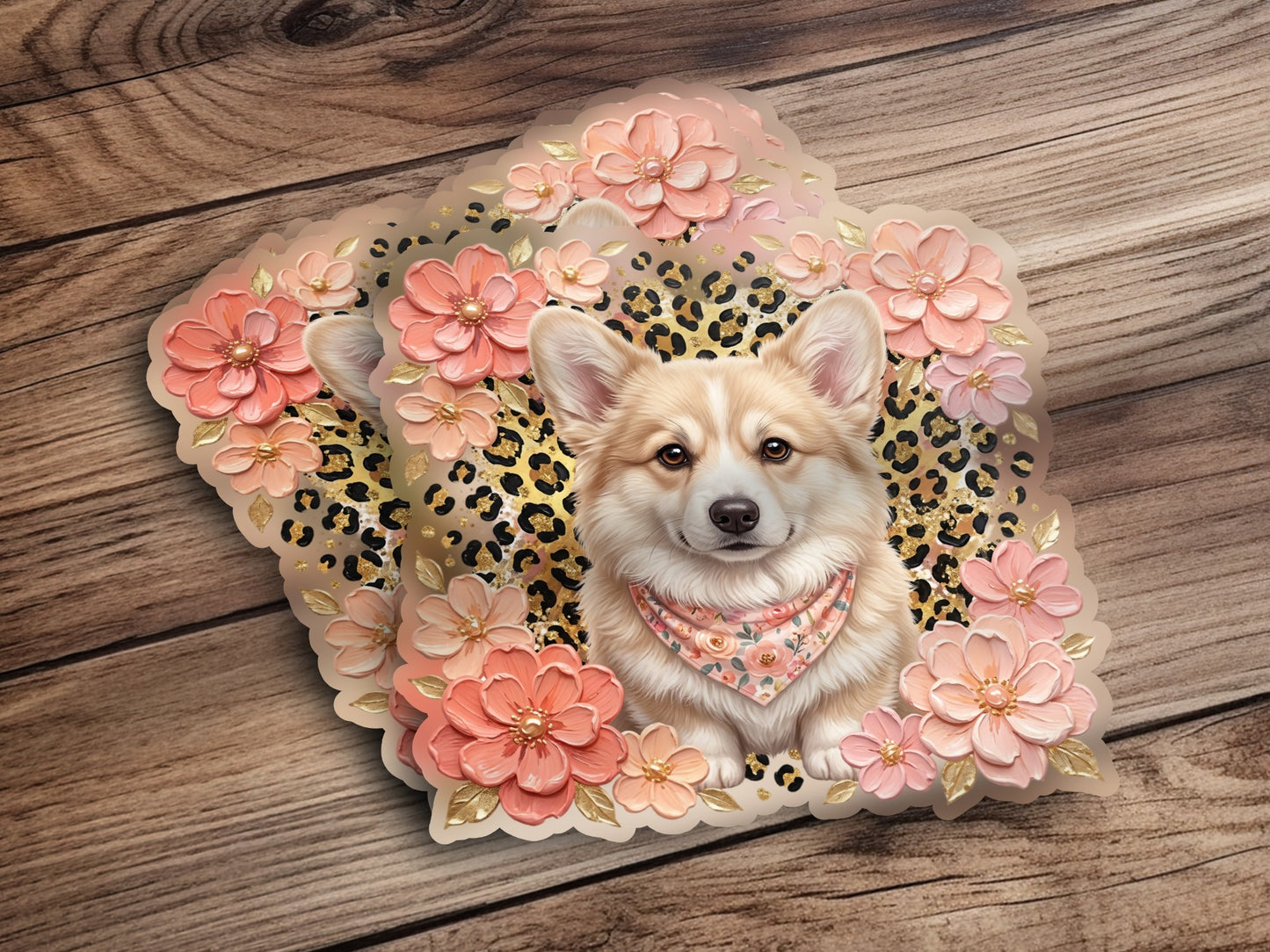 Corgi wearing bandana surrounded by floral and leopard print elements.