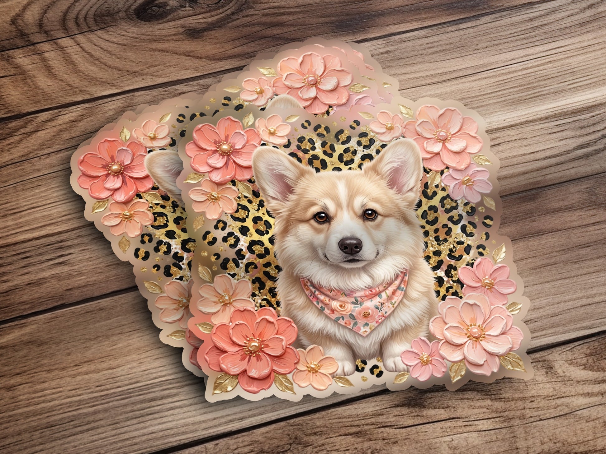 Corgi wearing bandana surrounded by floral and leopard print elements.