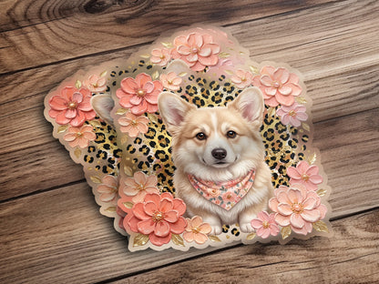 Corgi wearing bandana surrounded by floral and leopard print elements.