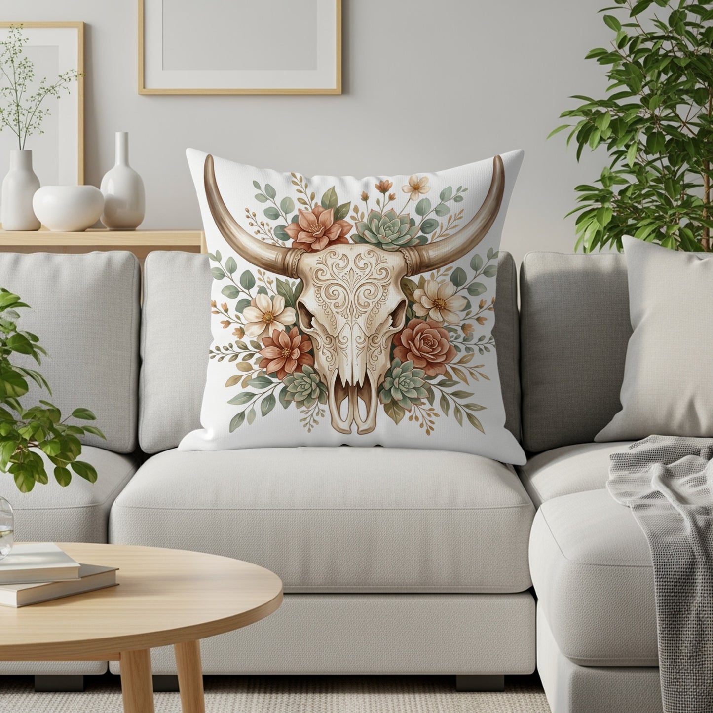 Cow skull with floral and succulent designs on a throw pillow.