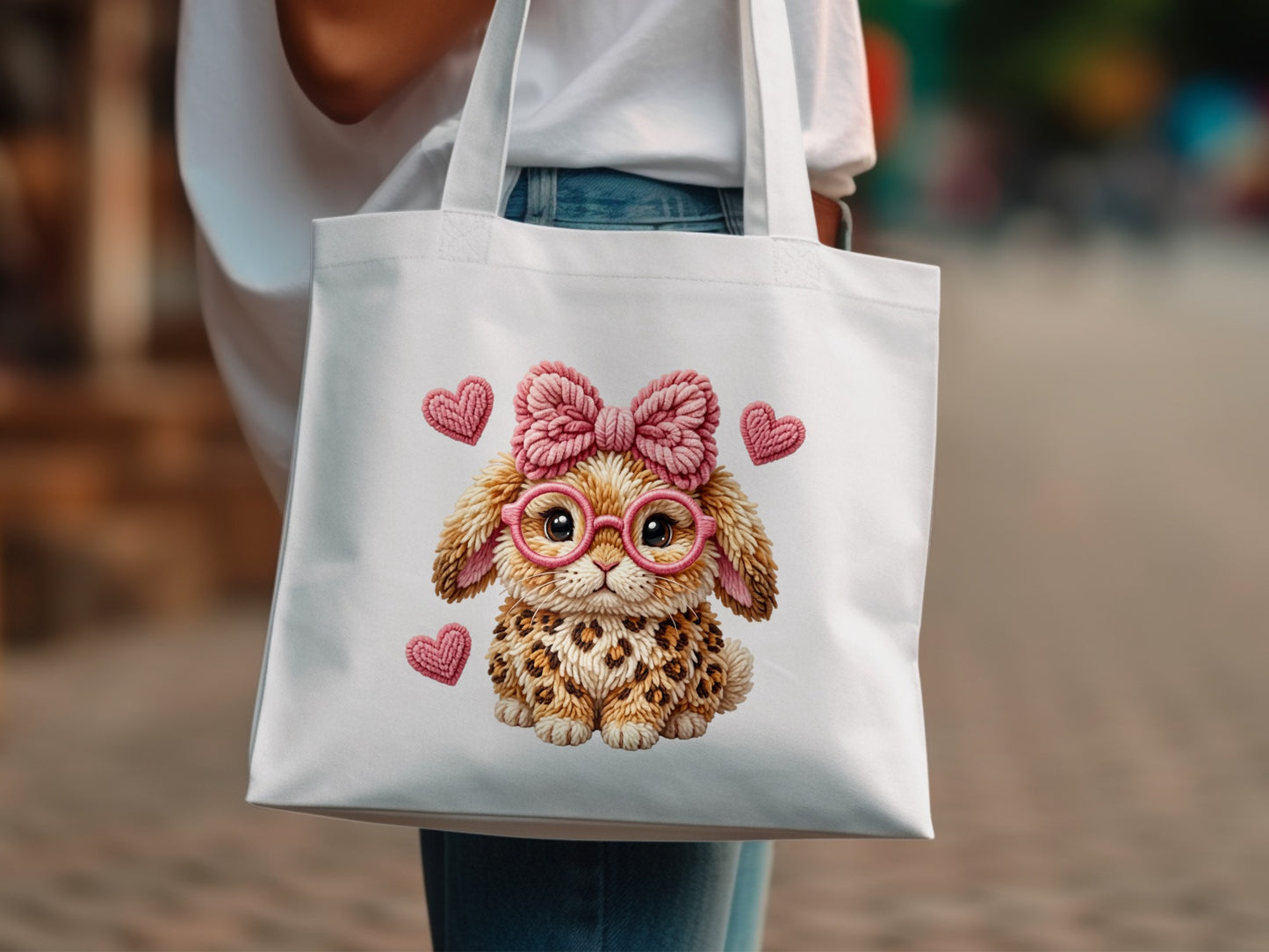 White tote bag with cute leopard print bunny wearing pink glasses and a bow.
