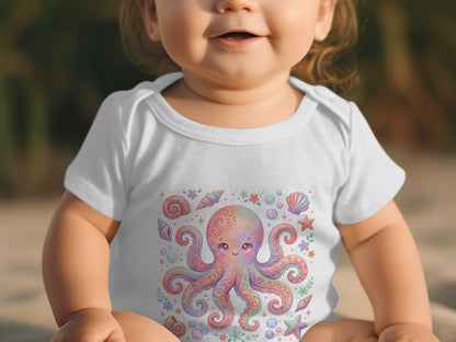 Baby wearing white bodysuit with colorful octopus and sea shell illustration.