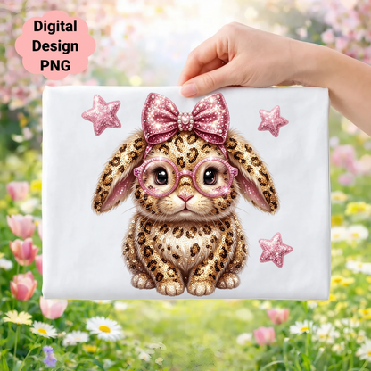Cute leopard print bunny wearing glasses and a bow, with stars.