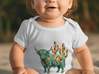 Baby wearing a white onesie with a Highland cow and cactus graphic.