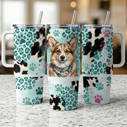 Corgy with bandana on leopard and cow print tumbler.