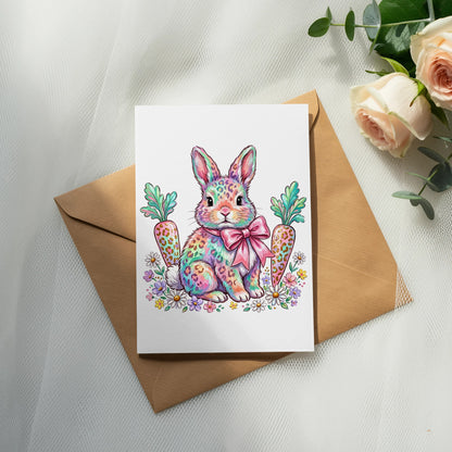 Colorful Easter bunny with carrots and flowers on a card.