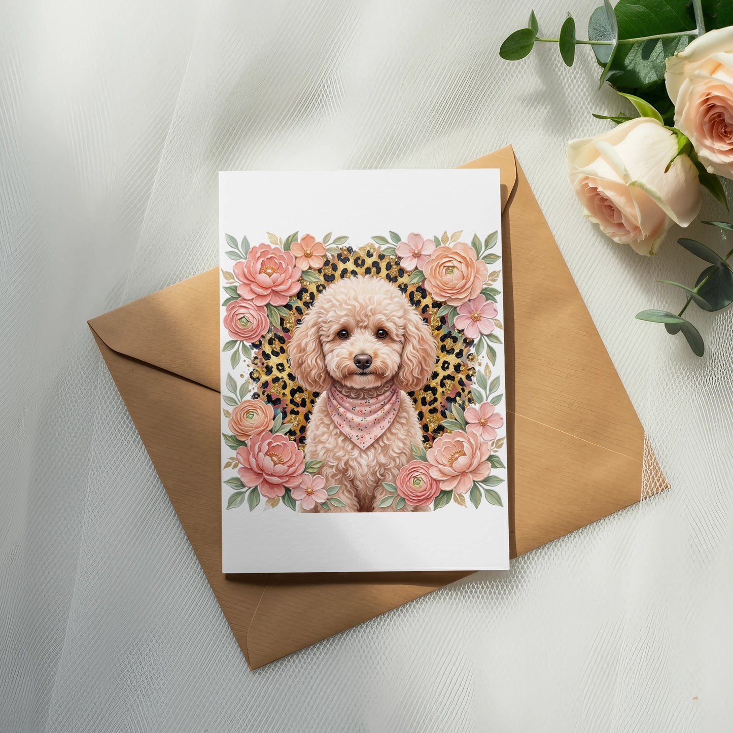 Card with poodle and flowers on a brown envelope.