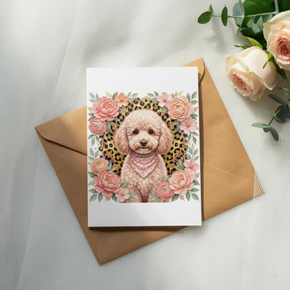 Card with poodle and flowers on a brown envelope.