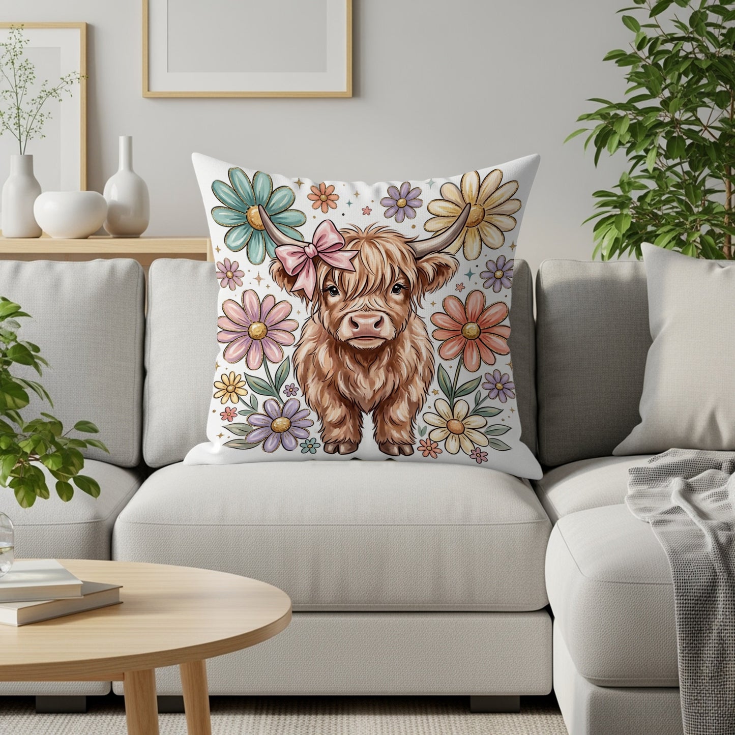 Fluffy Highland cow with pink bow on pillow surrounded by colorful flowers.