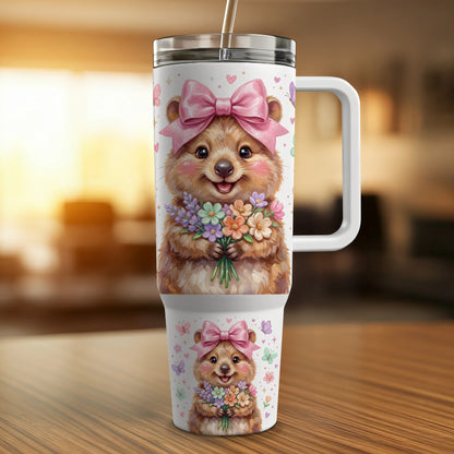 Cute bear character with flowers and bow on travel tumbler and small inset.
