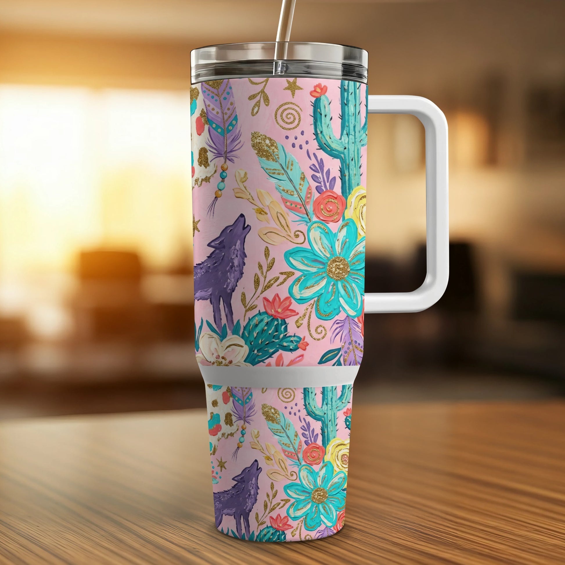 Pink tumbler with wolf and floral designs, featuring a handle and straw.