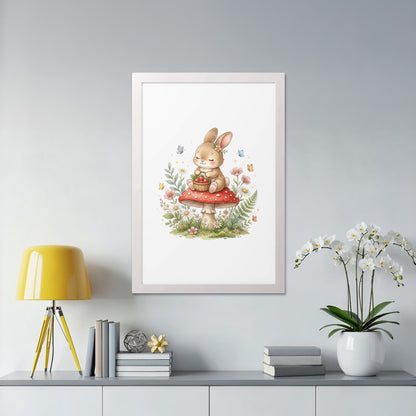 Cartoon bunny sits on mushroom holding berry basket with butterflies.