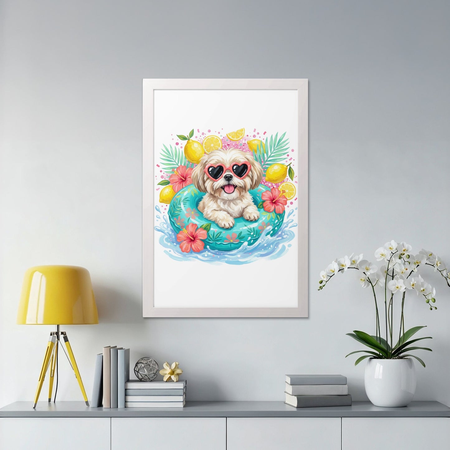Fluffy white dog wearing heart sunglasses in a pool float.