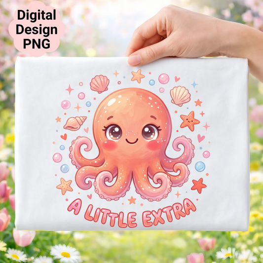 Cute orange octopus with shells and stars, text "A LITTLE EXTRA".