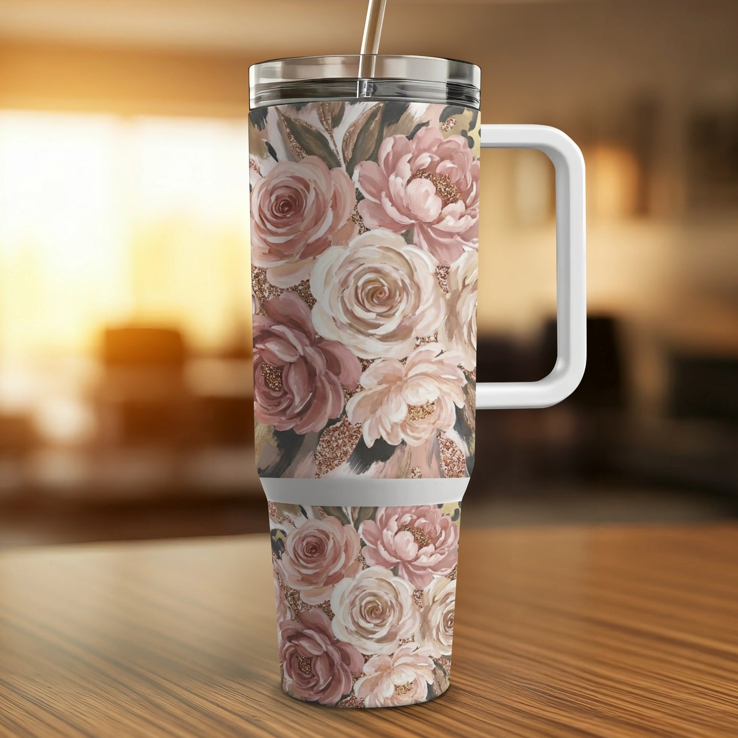 Tall tumbler with white handle and floral pattern of roses and glitter.