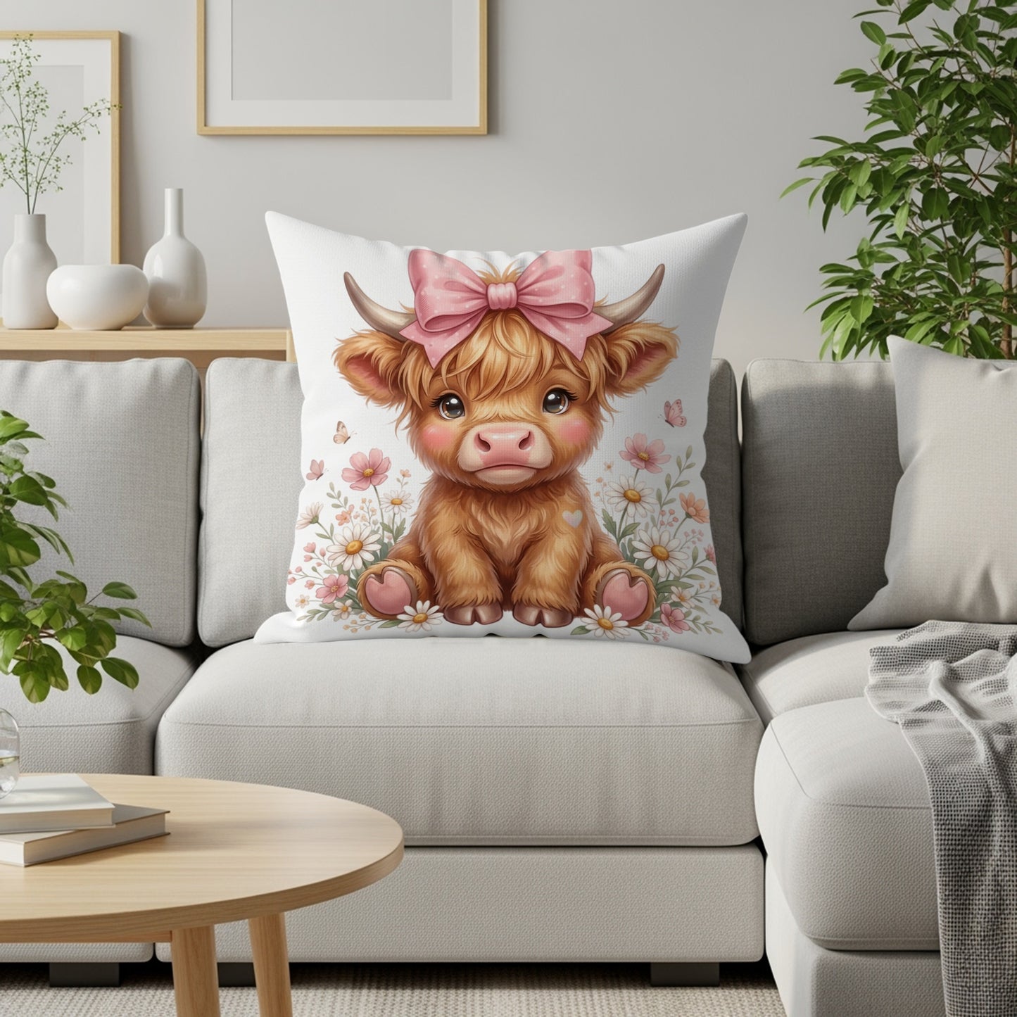 Cute Highland cow with pink bow on a pillow with flowers.