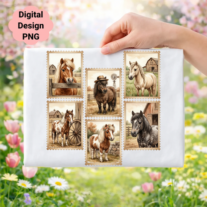 Six postage stamps featuring various horses and barns on a white gift wrap.