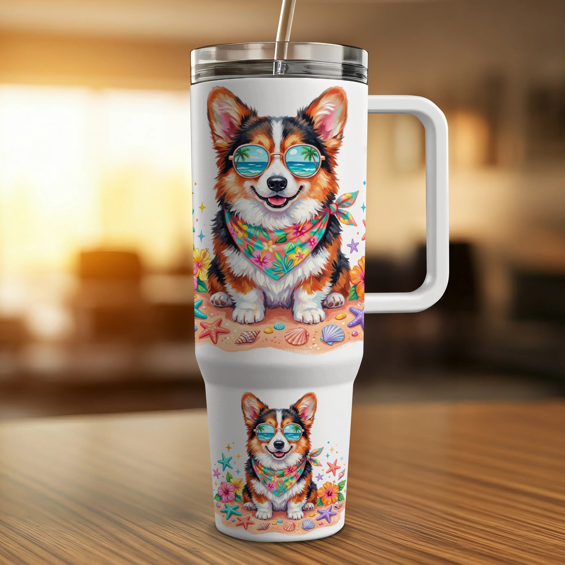 Corgi wearing sunglasses and bandana on a beach, printed on travel mugs.