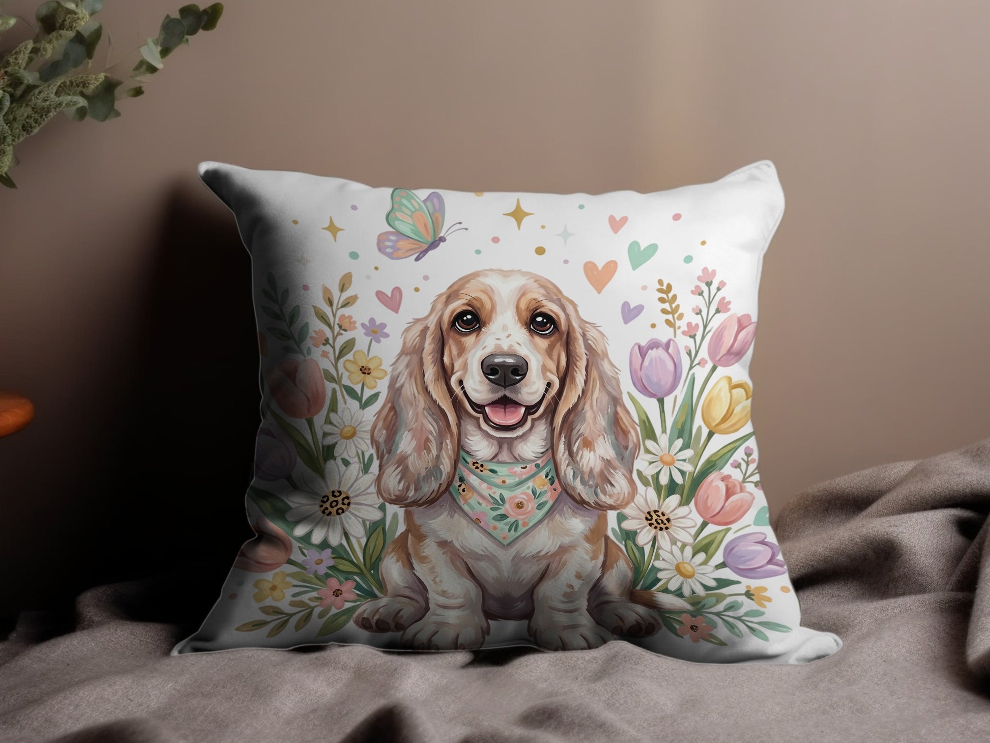 Happy basset hound with bandana in a garden of flowers and hearts.