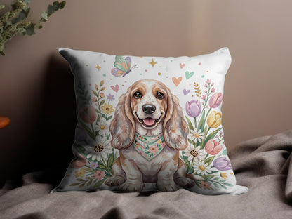 Happy basset hound with bandana in a garden of flowers and hearts.