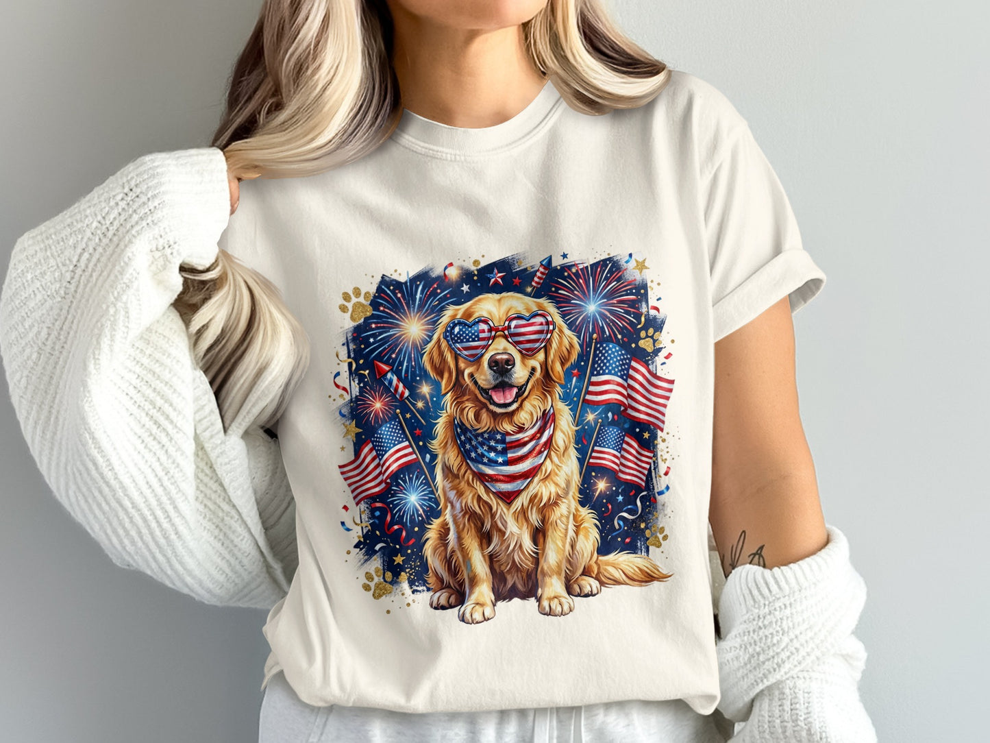 Golden retriever wearing heart-shaped sunglasses and bandana, with fireworks and flags.