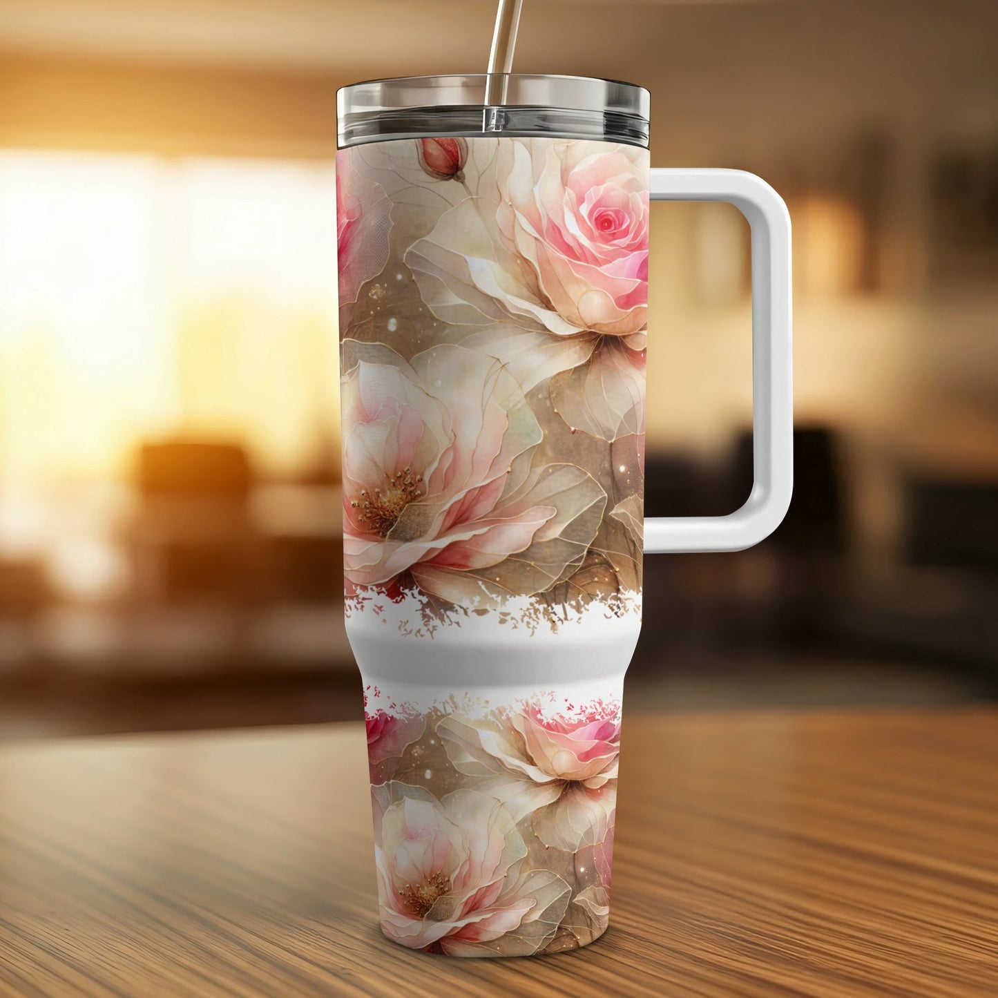 White tumbler with a floral pattern of pink and cream roses and leaves.