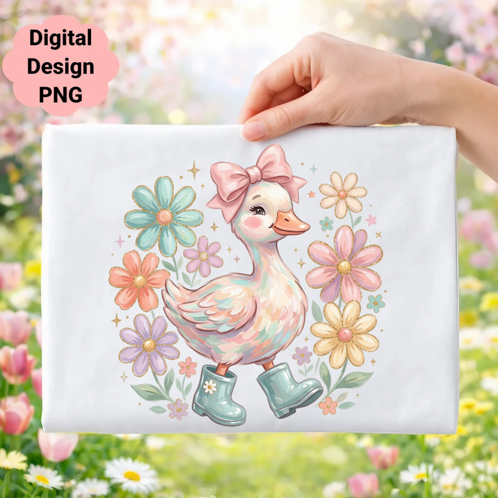 Cute duck with flowers and bow, holding a white envelope with "Digital Design PNG" text.