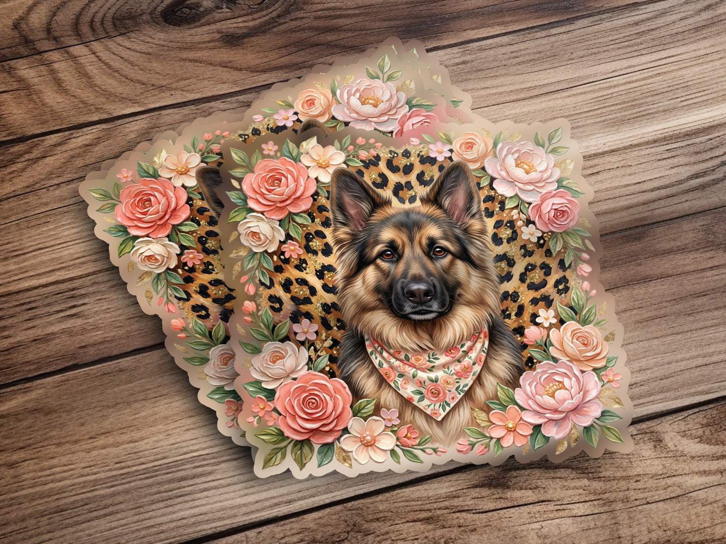 German Shepherd with floral accents and leopard print bandana.