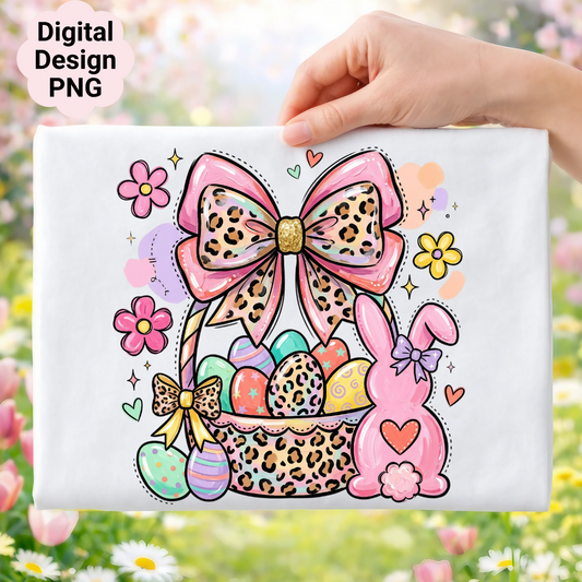 Easter basket with bunny, eggs, and floral designs.