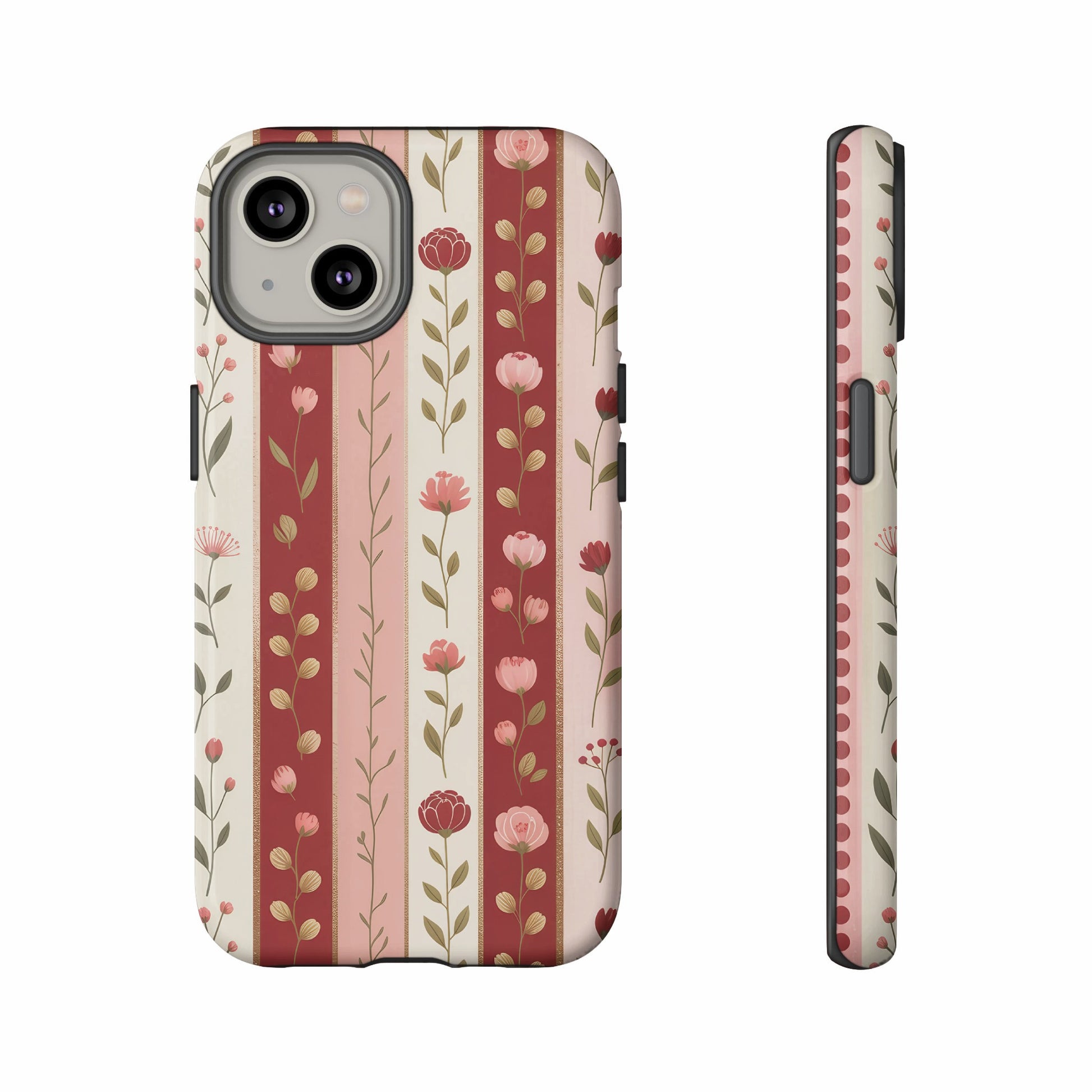Floral pattern on a protective iPhone case with a side view.