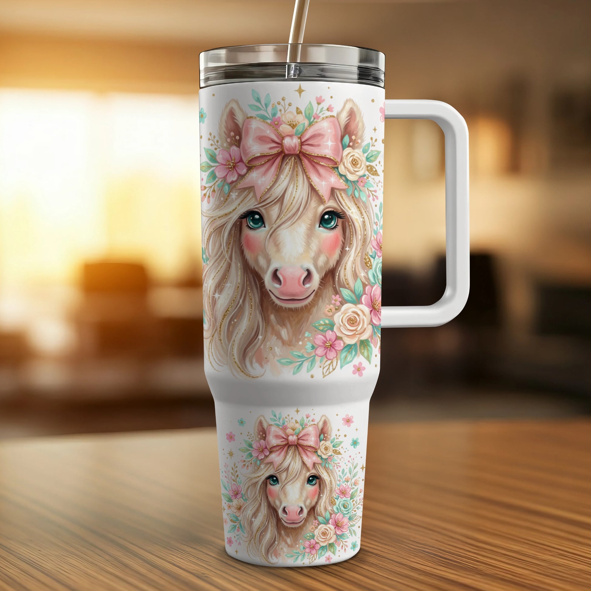 White tumbler with a cute horse illustration and floral accents.