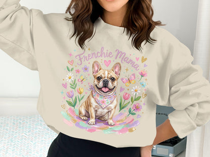 Frenchie Mama sweatshirt with a French bulldog and floral design.