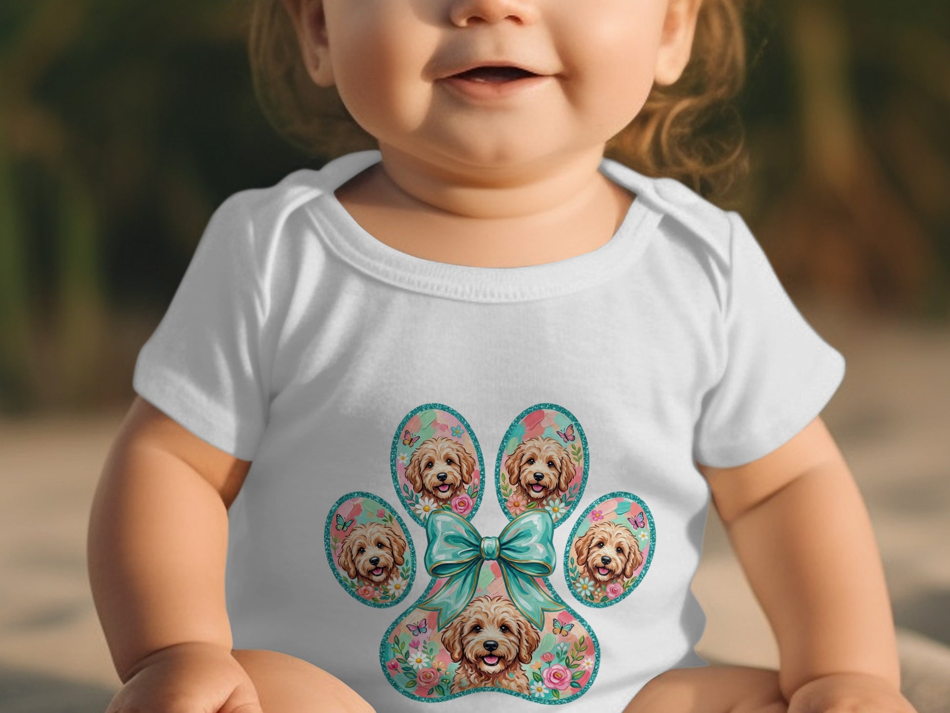 White baby onesie with a large paw print graphic featuring four dog faces and a bow.