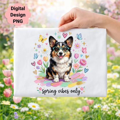 Corgi wearing glasses surrounded by flowers and butterflies, with text "spring vibes only".